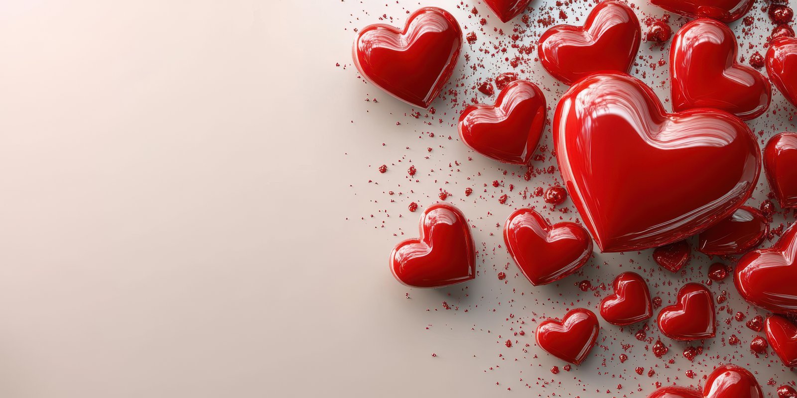 Colorful red hearts scattered on a smooth surface, creating a romantic atmosphere for celebrations and decorations